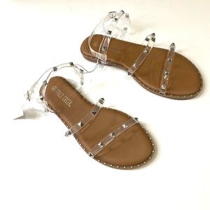 FALLS CREEK New $40 Womens 9 Clear Studded Alpha Strap Adjustable Flag Sandals